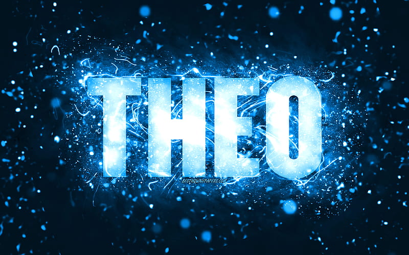 Happy Birtay Theo, blue neon lights, Jake name, creative, Theo Happy Birtay, Theo Birtay, popular american male names, with Theo name, Theo, HD wallpaper