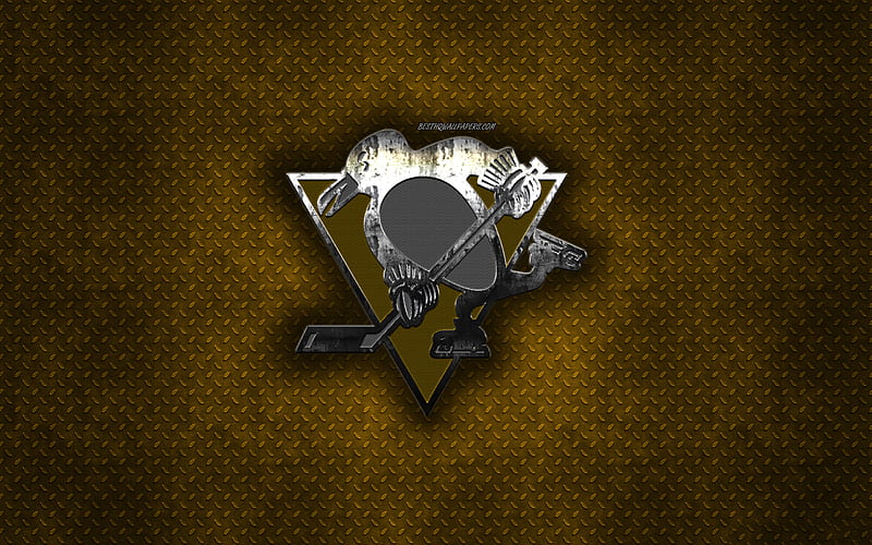 Pittsburgh Penguins, American hockey club, yellow metal texture, metal logo, emblem, NHL, Pittsburgh, Pennsylvania, USA, National Hockey League, creative art, hockey, HD wallpaper