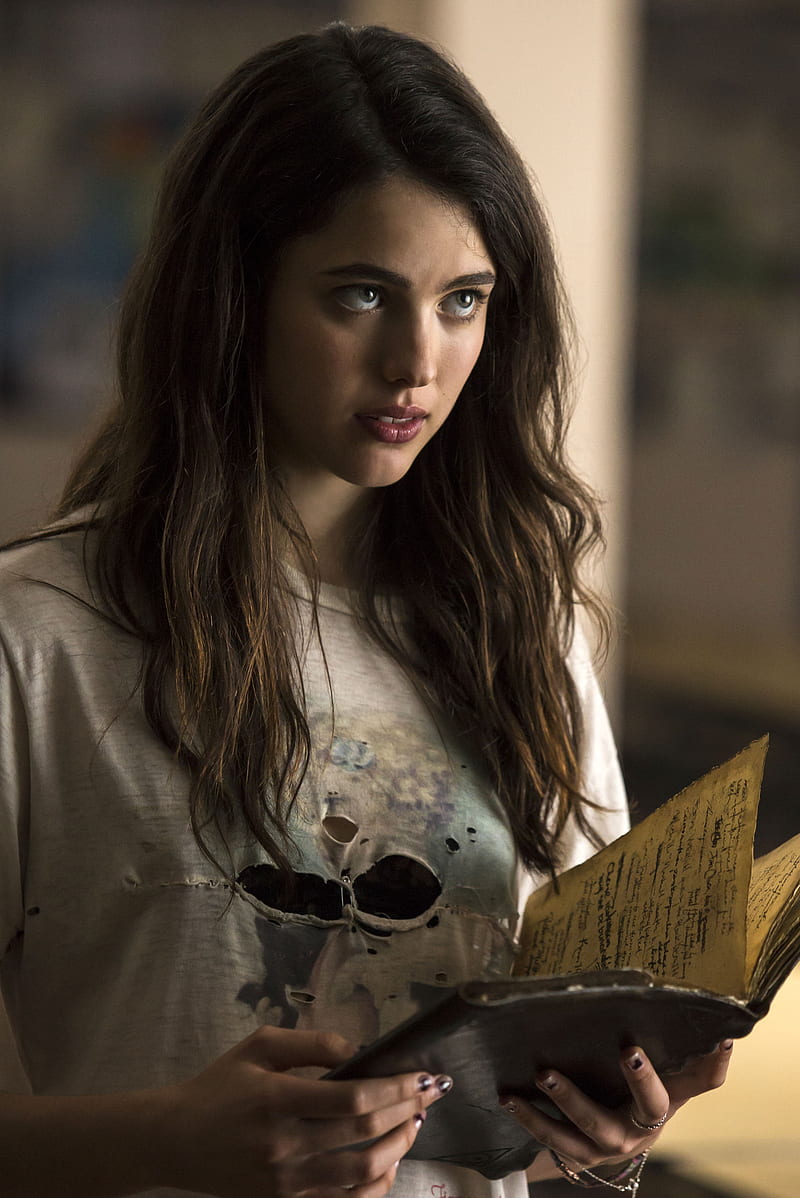 Margaret Qualley, women, actress, Death Note, ripped clothes, long hair, ripped clothing, books, looking up, brunette, T-shirt, movie scenes, Movie Screenshots, HD phone wallpaper