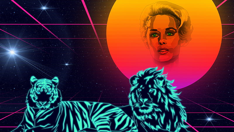 Woman Face In Moon And Neon Lion Vaporwave, HD wallpaper