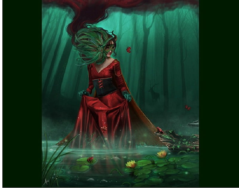 Swamp Witch, frog, fantasy, water, green, girl, lilies, mask, swamp, HD wallpaper
