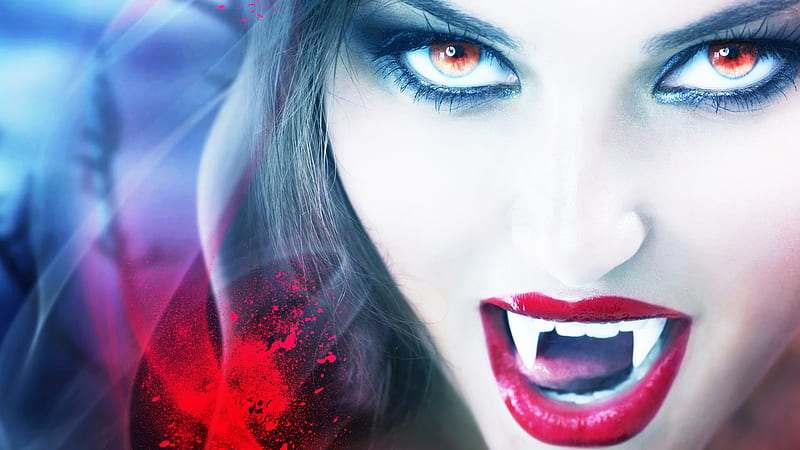 Vampire, red, model, halloween, woman, lips, anna subbotina, girl, face, fang, HD wallpaper