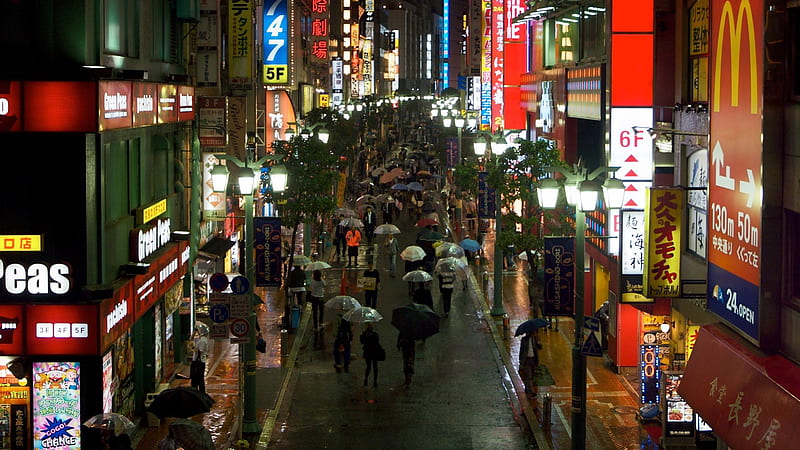Japan Street, japan, tokyo, people, umbrella, rain, street, HD wallpaper