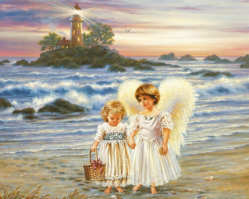 Guardian angel, beach, art, angel, painting, child, lighthouse, HD wallpaper