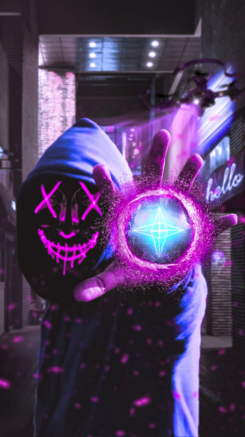 Neon, anonymous, effect, mask, purple, HD phone wallpaper