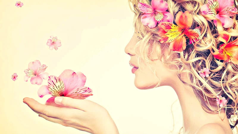 Spring beauty, model, spring, woman, anna subbotina, girl, hand, flower, beauty, pink, HD wallpaper