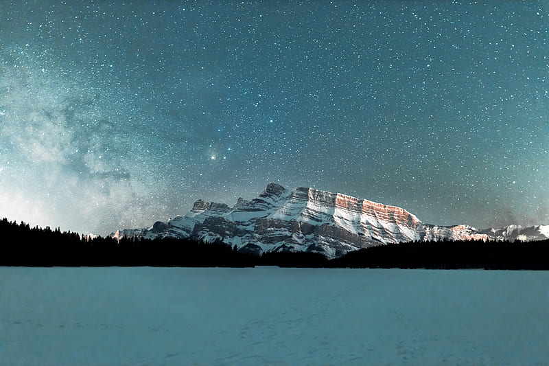 mountains, snowy, starry sky, HD wallpaper