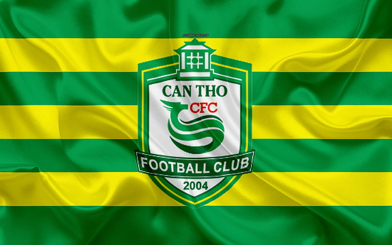 Can Tho CFC logo, silk texture, Vietnamese football club, emblem, green yellow silk flag, V-League 1, Can Tho, Vietnam, football, HD wallpaper
