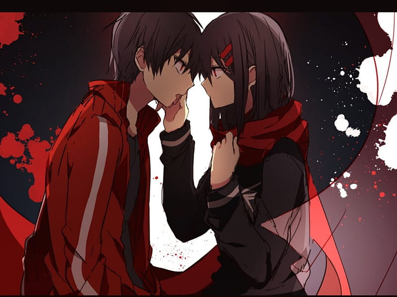 Kagerou Project, red, pretty, bonito, woman, anime, love, beauty, couple, art, female, male, lovely, black, man, cute, girl, jacket, scarf, lady, HD wallpaper