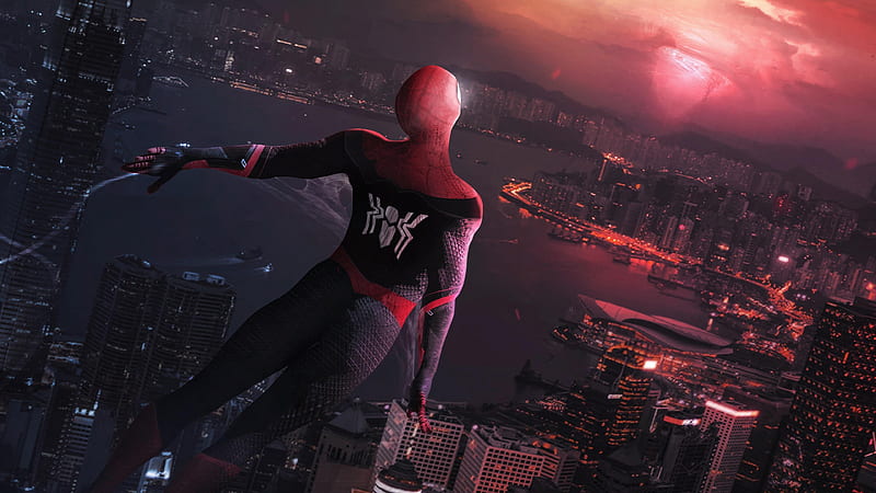 Spider Man Far From Home Spider Man Jumping From Top Of Building With Background Of Cityscape Spider Man Far From Home, HD wallpaper
