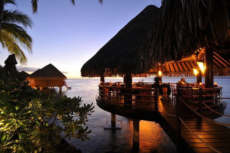 Tahiti Sunset, polynesia, hut, bungalow, bar, dusk, sunset, twilight, villa, eat, sea, lights, beach, lagoon, evening, night, exotic, romantic, food, ocean, water, paradise, restaurant, island, tahiti, tropical, HD wallpaper
