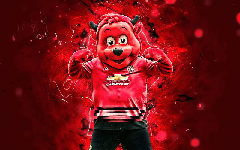 Fred the Red, mascot, Red Devil, Manchester United FC, abstract art, Premier League, english football club, Biriba mascot, creative, Man United, official mascot, neon lights, Manchester United mascot, HD wallpaper