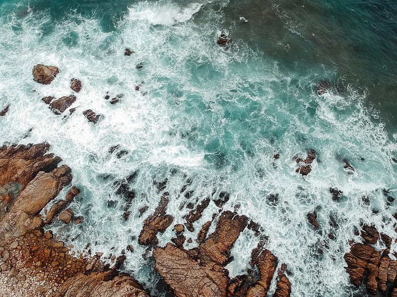 rocks, sea, stones, foam, aerial view, HD wallpaper