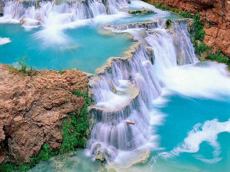 Crystal Clear Blue Waterfalls, rocks, clear, clean, pool, water, green, swim, blue, falls, HD wallpaper