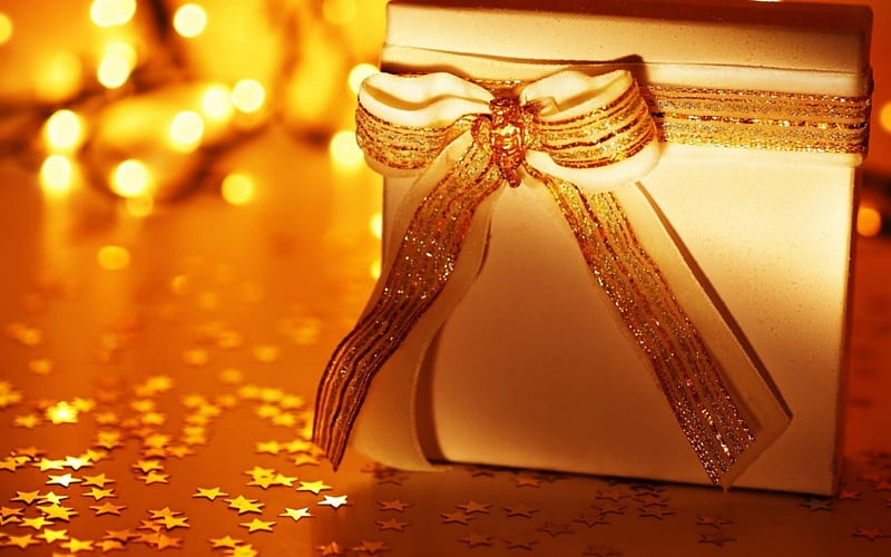 Happy New Year!, craciun, orange, christmas, golden, yellow, box, new year, bow, gift, HD wallpaper