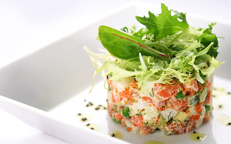 fish salad, healthy food, salmon salad, Red caviar, diet, slimming, HD wallpaper