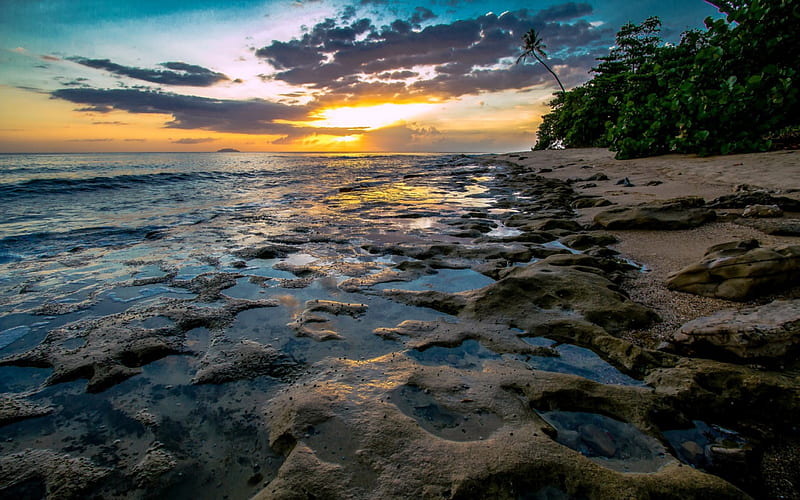 Rincon Beach, Puerto Rico, Water, Puerto Rico, beach, Sunset, HD wallpaper