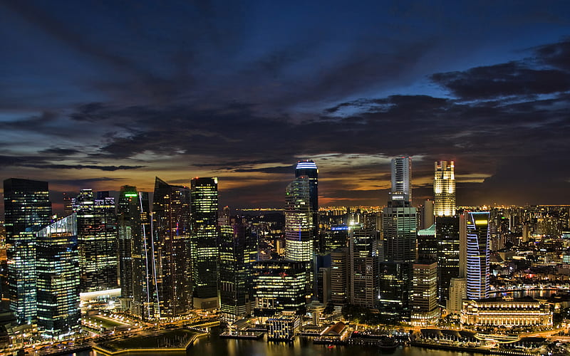 Singapore, night, skyscrapers, evening, sunset, modern city, Singapore skyline, cityscape, HD wallpaper