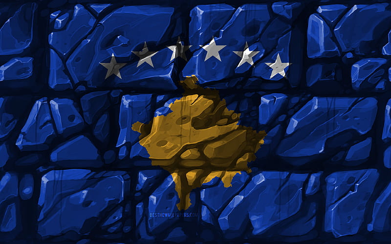 Kosovar flag, brickwall European countries, national symbols, Flag of Kosovo, creative, Kosovo, Europe, Kosovo 3D flag, HD wallpaper