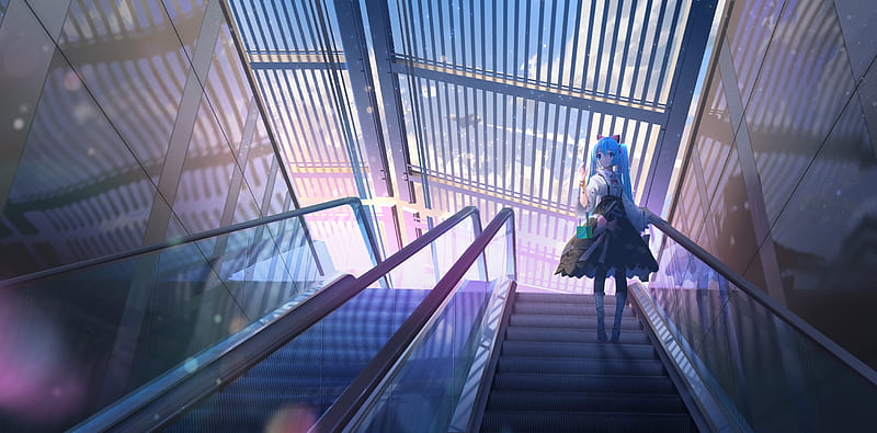 vocaloid, hatsune miku, stairs, aqua hair, casual outfit, sky, Anime, HD wallpaper