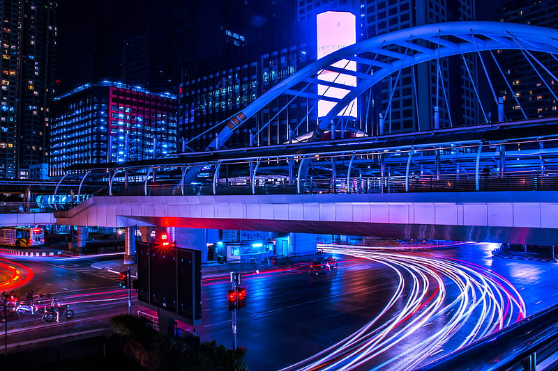 night city, bridge, city lights, long exposure, bangkok, thailand, HD wallpaper