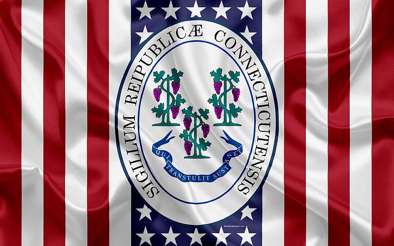 Connecticut, USA American state, Seal of Connecticut, silk texture, US states, emblem, American flag, HD wallpaper