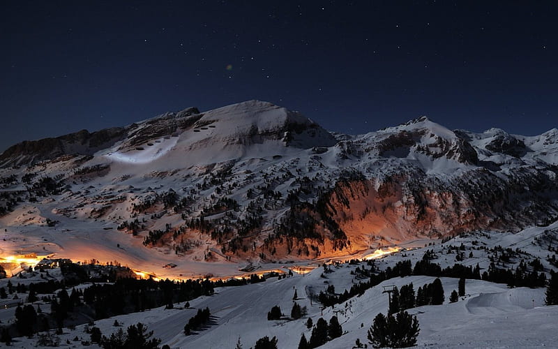 Snowy Mountain at Night, mountain, stars, snow, nature, lights, HD wallpaper