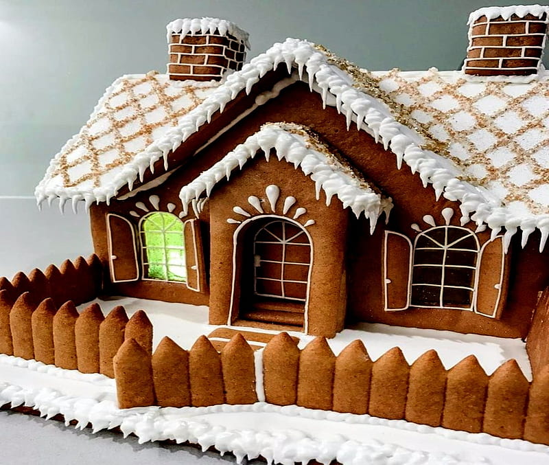 Gingerbread House, Christmas, Brown, White, Gingerbread, House, Fence, Winter, HD wallpaper