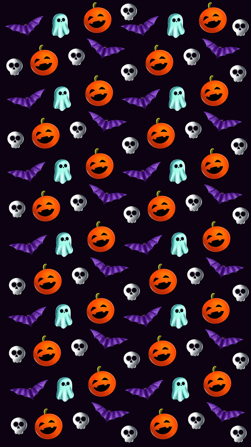 Halloween pattern, october, art, autumn, background, bat, blue, bonehead, boo, HD phone wallpaper