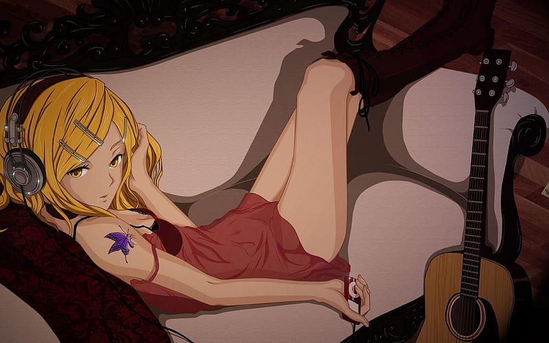 Girl Guitar Sofa-Anime design, HD wallpaper