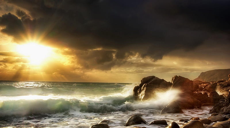 magnificent sunset over sea waves breaking ashore, rocks, shore, dark, sunset, waves, clouds, sea, HD wallpaper