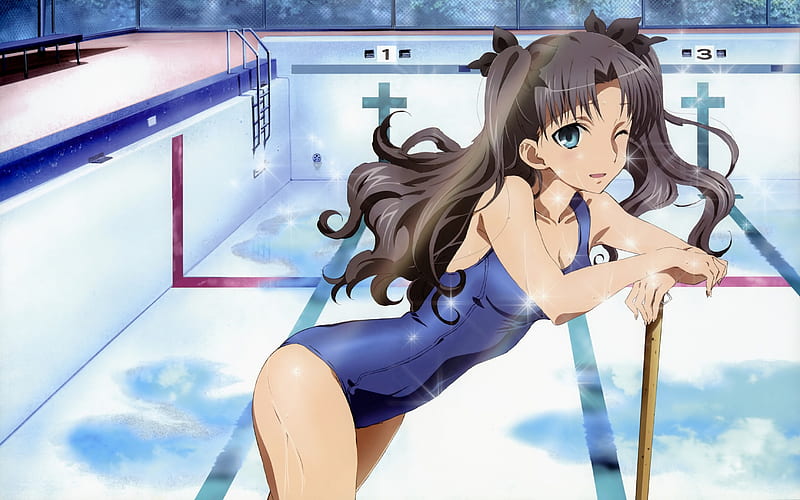 Huff...so tired, swimsuit, game, ribbons, sexy, cute, school, fate stay night, rin, anime, tohsaka, long hair, black hair, HD wallpaper
