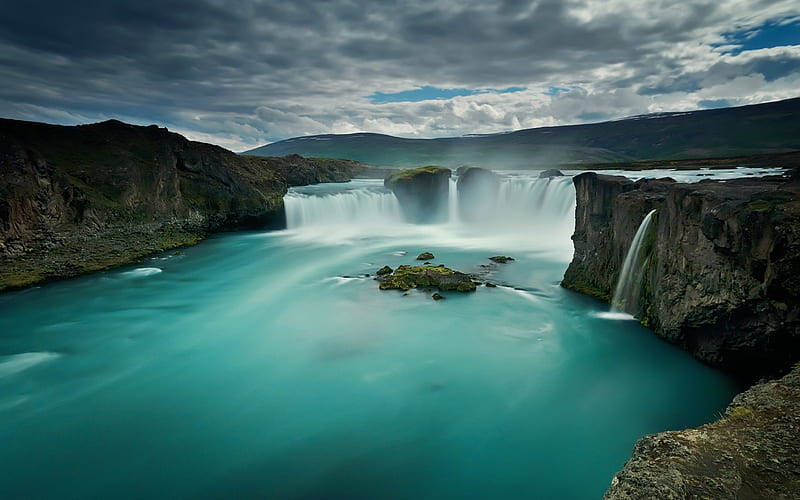 Godafoss, cliffs, Icelandic landmarks, waterfall, Iceland, Europe, HD wallpaper