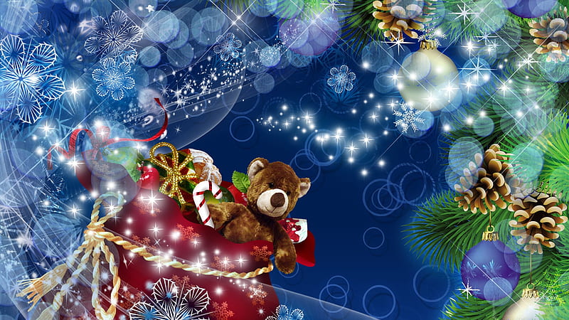 Season of Joy, feliz navidad, christmas, santas bag, cones, xmas, tree, stuffed animals, snowflakes, decorations, toys, blue, HD wallpaper