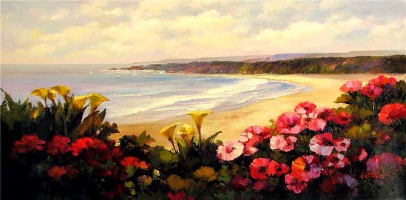 Flowery View, ocean, waves, clouds, sea, beach, boats, sand, water, cliffs, flowers, sailboats, HD wallpaper