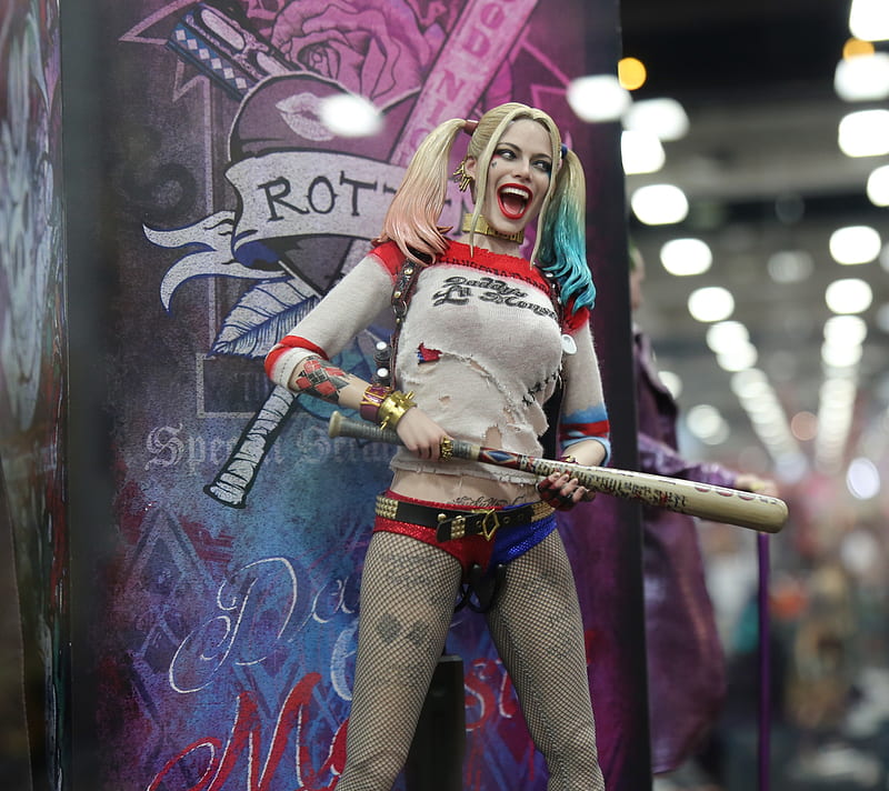 Harley Quinn, blonde, blue, dc, monster, red, suicide squad, white, HD wallpaper