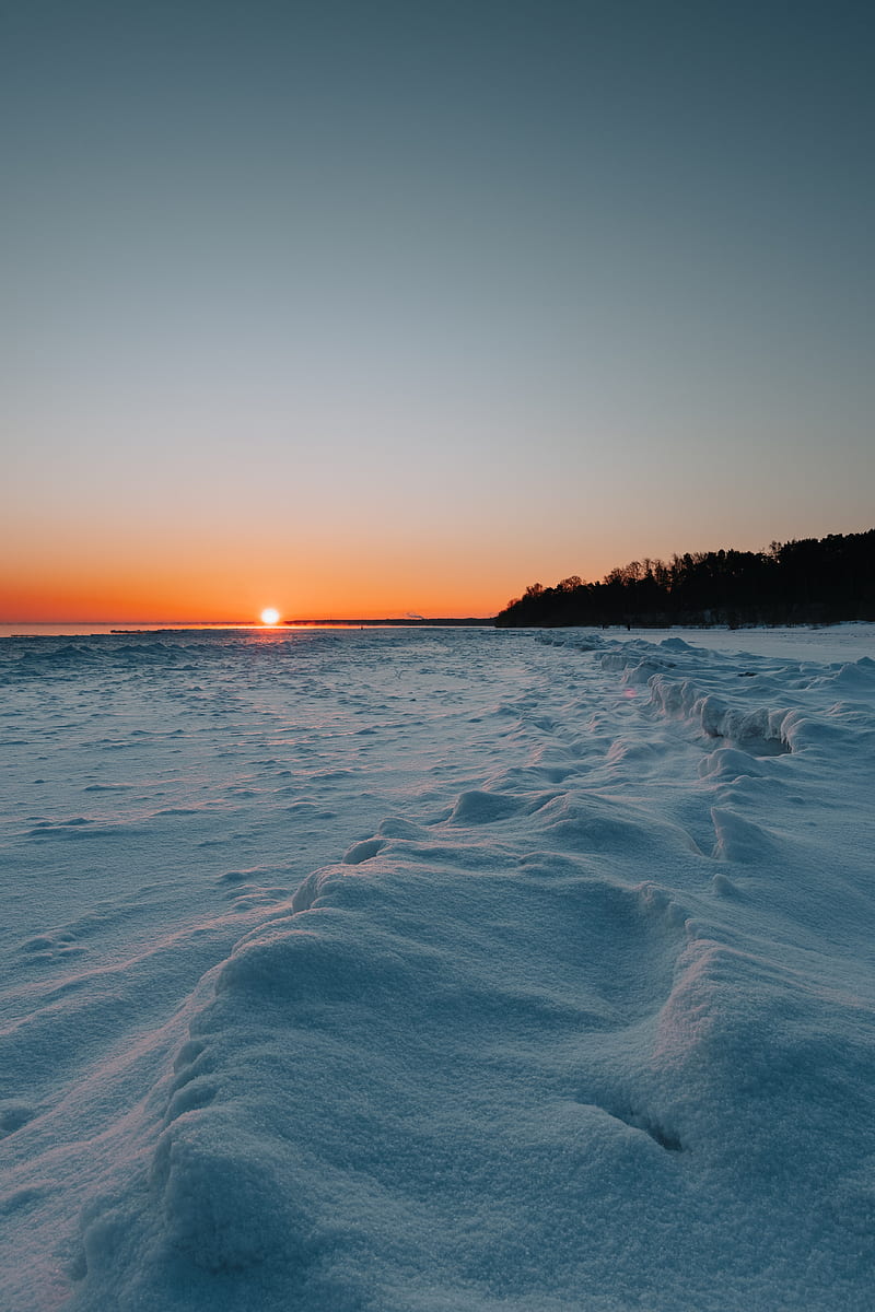 sunset, lake, snow, winter, landscape, HD phone wallpaper