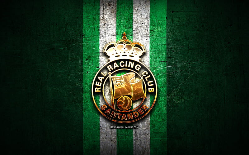 Racing Santander FC, golden logo, La Liga 2, green metal background,  football, HD wallpaper