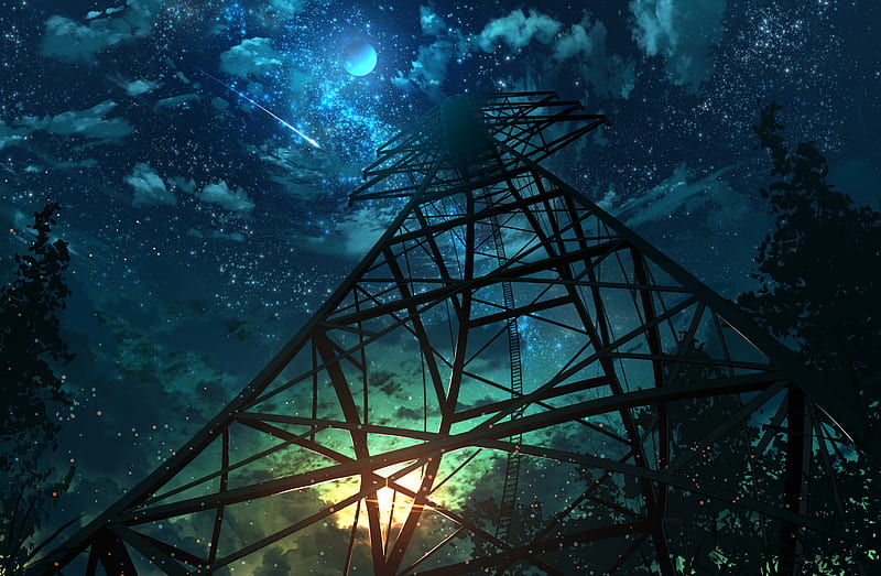 Anime, Original, Night, Sky, Starry Sky, Tower, HD wallpaper