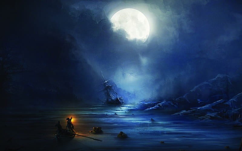 Moonlight, fantasy, moon, water, moon, luminos, ship, assassins creed, blue, HD wallpaper Moonlight, fantasy, moon, water, moon, luminos, ship, assassins creed, blue, HD wallpaper