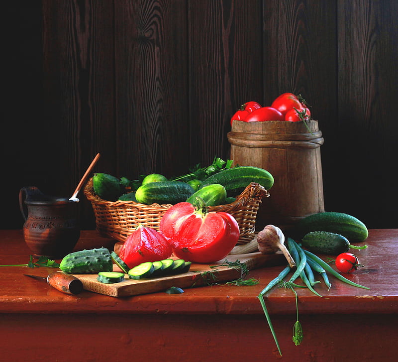 Food, Still Life, Cucumber, Tomato, Vegetable, HD wallpaper