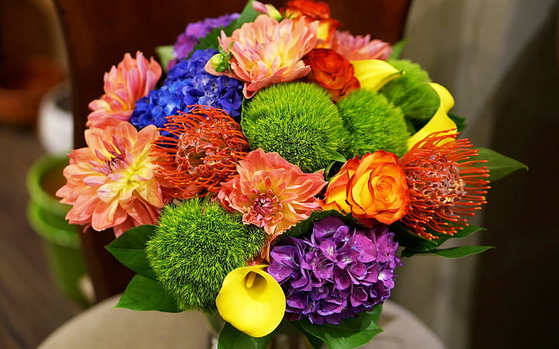 bridal bouquet, bright colors, calla lilies, dahlias, roses, hydrangea, colorful flowers, HD wallpaper