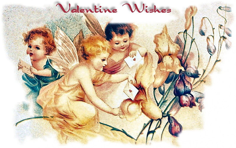 Valentine Wishes 1, art, romance, postcard, Victorian, illustration, artwork, love, Valentine, wide screen, cherubs, computer graphics, occasion, HD wallpaper