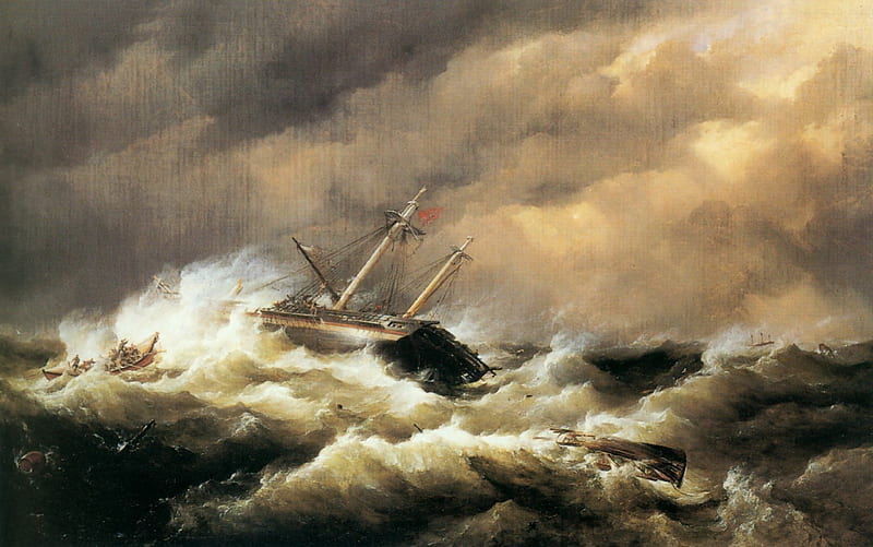 Ship Wreck, Ship, ocean, Painting, Storm, Wreck, HD wallpaper