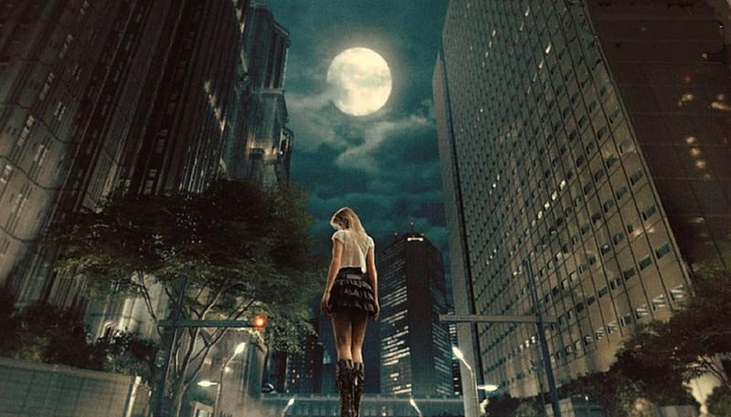 'Moonlight stroll in the city'....., moonlight, city, girl, night, HD wallpaper