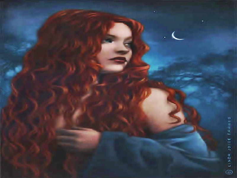 Celt Red, celt, red, stars, curls, fantasy, girl, clouds, night, HD wallpaper