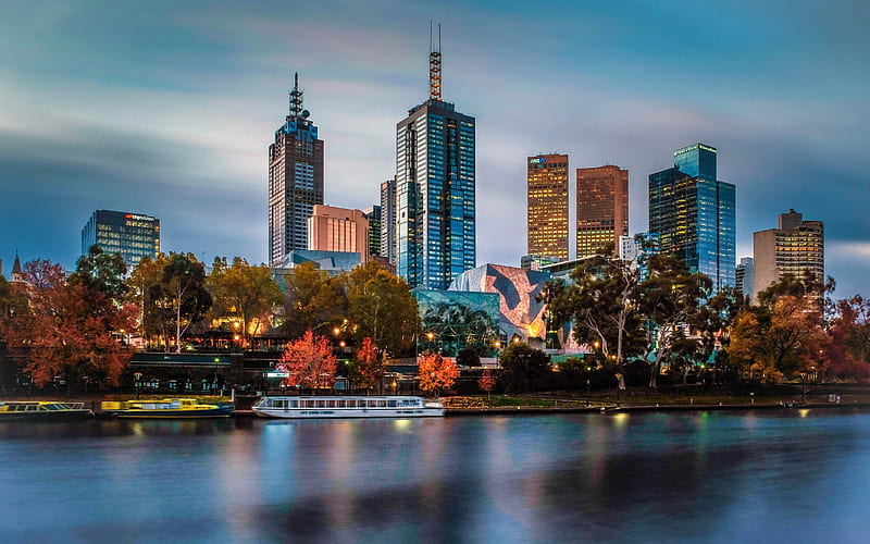 Melbourne, evening, sunset, skyscrapers, modern buildings, Melbourne cityscape, Australia, HD wallpaper
