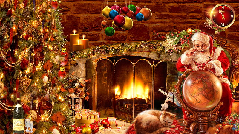 Santa Checking His Route, new year, Firefox theme, warm and cozy, Christmas, globe, Christmas tree, Santa Clause, holiday, Feliz Navidad, Father Christmas, clock, cat, fireplace, HD wallpaper