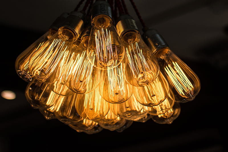 light bulbs, chandelier, electricity, light, incandescent, edisons bulb, HD wallpaper