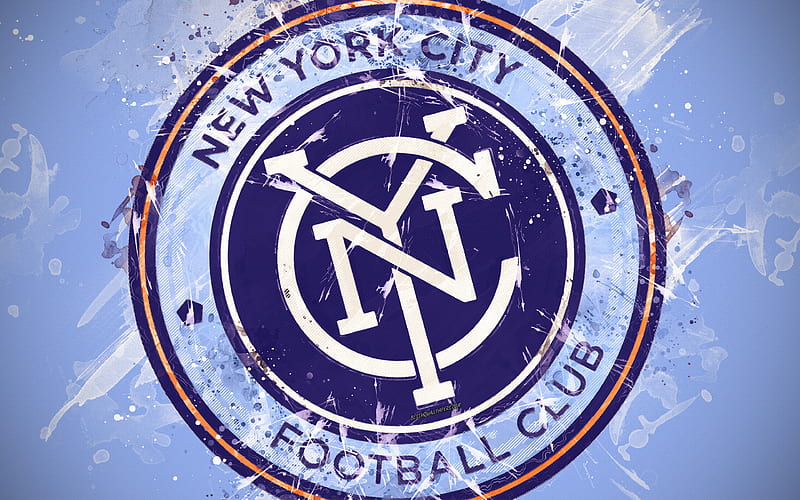 New York City FC paint art, American soccer team, creative, logo, MLS, emblem, blue background, grunge style, New York, USA, football, Major League Soccer, HD wallpaper